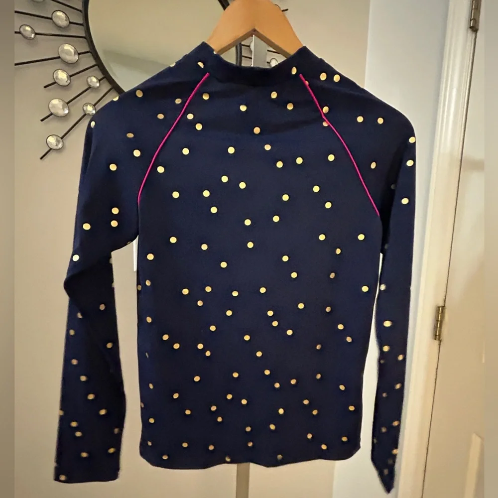NWT Boden Girls Long Sleeve Rash Guard 13-14Y Blue Metallic Gold Dot